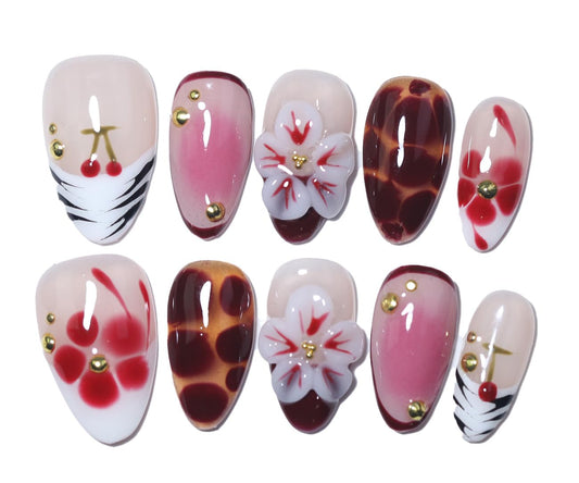 10Pcs Short Almond Handmade Press On Nails | Nude Pink & Red Ombre with Cherry, Tortoiseshell Print & 3D Floral Decor | Reusable Salon-Quality Fake Nails for Women and Girls (251213, M)