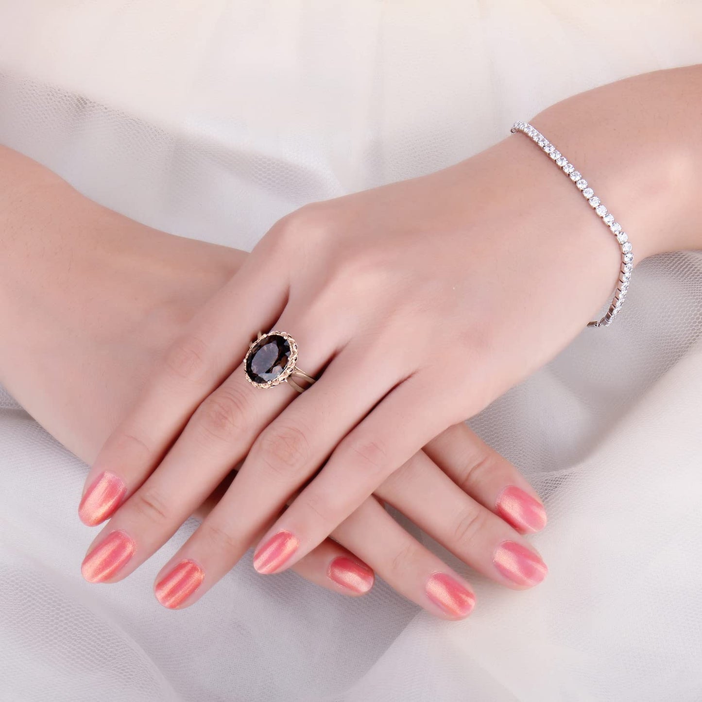 JewelryPalace Huge Oval Shape 5.7ct Genuine Smoky Quartz Cocktail Rings for Her, 14K Rose Gold Plated 925 Sterling Silver Ring for Women, Natural Gemstone Jewelry Sets Rings 9