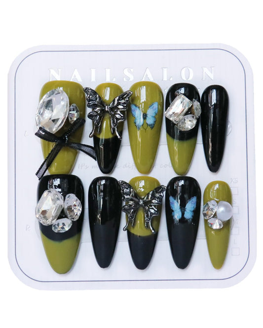 CAMILCY Press on Nails Handmade Nails Luxury Reusable Fake Nails For Girls long Almond Armor Green Black Diamonds HandPainted Salon Loveful Design Acrylic GelUV Finished 3D Nails 10PCS (A013, M)