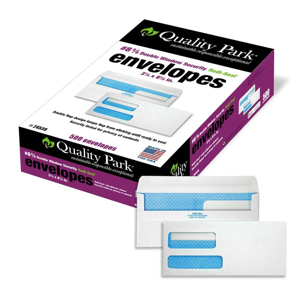 Quality Park #8 5/8 Security Envelopes, Double Window, Self Seal Envelopes for Invoices/Statements, 3-5/8" x 8-5/8", 24 lb White, 500/Box (QUA24539)