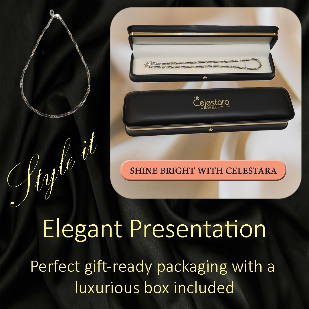 Celestara Jewelry, 925 Sterling Silver Chain, Italian-Made Jewelry Set with Gold Tone Accent (Luxurious Leather Gift Box Included) (Necklace Only, No Bracelet)