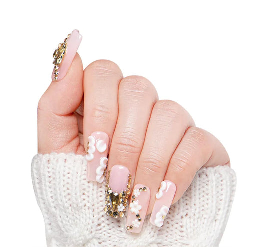 LOVFUL Reusable Press on Nails | Blush Bloom | Salon Quality Sustainable Style Handmade with Full Covered Crystals | Square Regular 1.0 in | H228-L