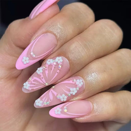 CTTHNBD Medium Press on Nails Almond - Pink Fake Nails with Butterfly Flower Design - French Tip Stick on False Nails - for Women 24 Pcs
