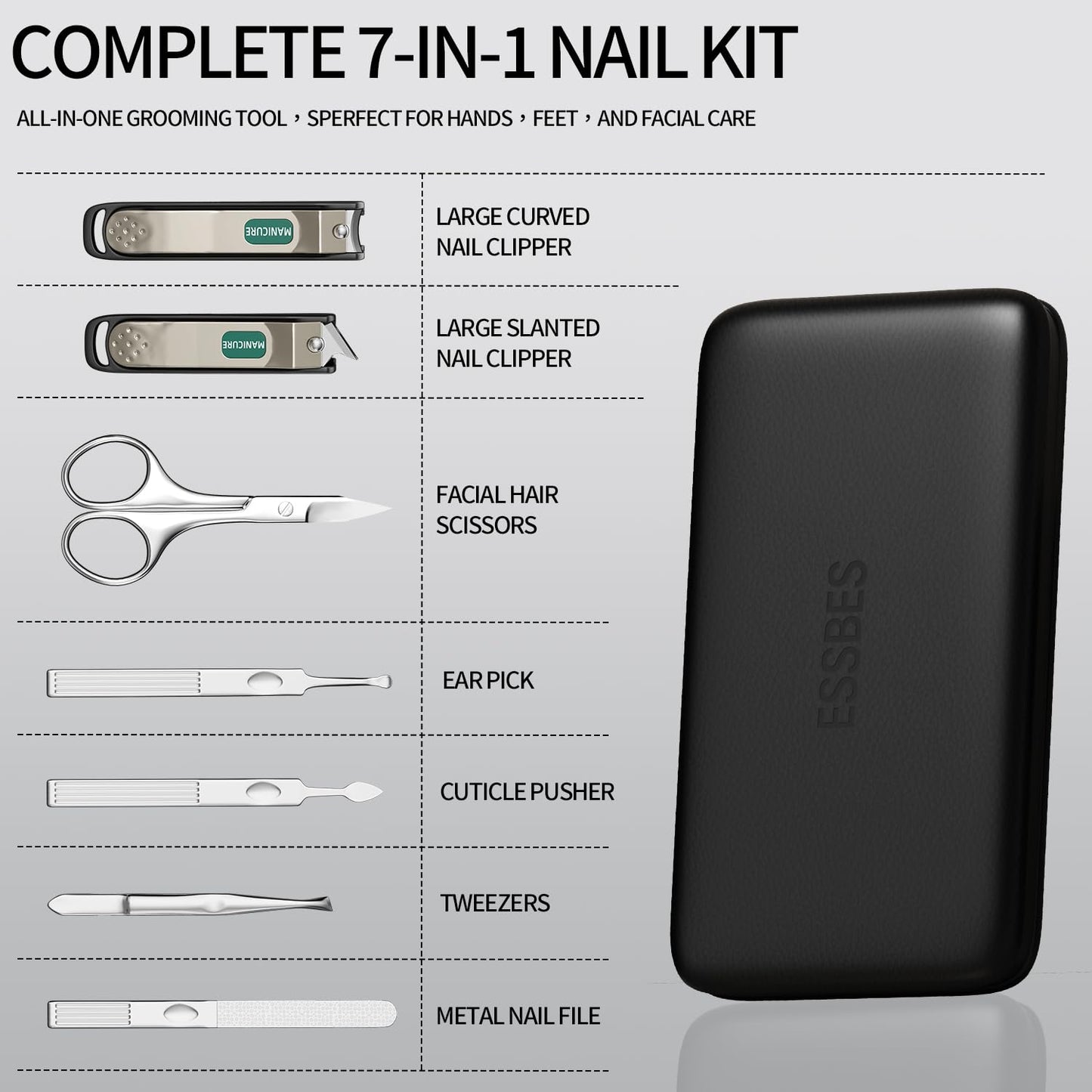 ESSBES Professional Manicure Set for Men & Women, 7-Piece Stainless Steel Nail Grooming Kit with Large Nail Clippers, Travel Manicure Kit in Black PU Leather Case