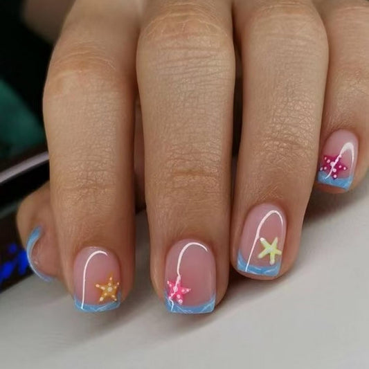 Summer Press on Nails Waves French Tip Fake Nail Beach Nails Press ons with Starfish Design Short Square Stick on Nail Glossy Acrylic Nails for Women DIY Manicure Decor 24 Pcs