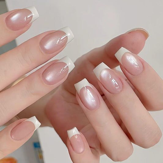 French Tip Press on Nails Medium Square Fake Nails with Cat Eye Glitter Designs Nails Press ons Nude White Glue on Nails Simple Stick on Nails for Women 24Pcs