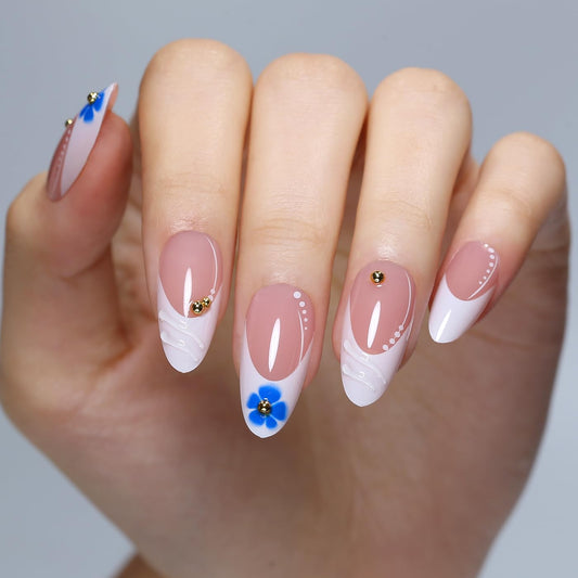 Goolich White French Tip Press On Nails Medium Almond, Sheer Pink with Bead Nails Press ons Set with Adhesive Tabs, 24 Pcs 12 Size Reusable Full Cover Glue on Nails for Women