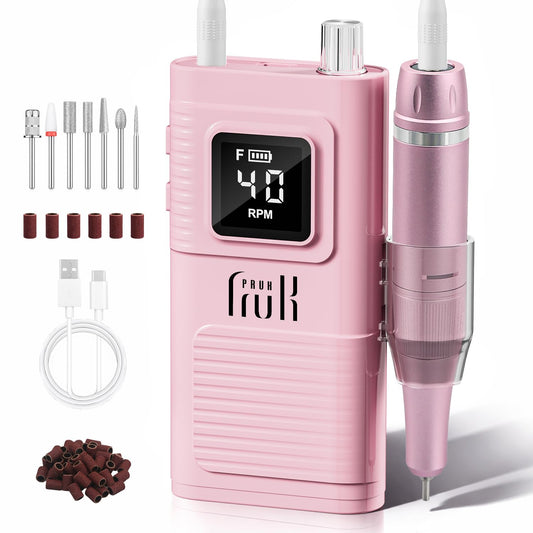 Pruk Professional Electric Nail Drill Kit, Portable 40000RPM Cordless E-File with LCD Display, 7 Drill Bits & 56 Sanding Bands, Manicure Nail Machine for Salon Home, Training & Travel, Pink
