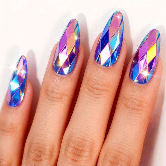 Dark Blue Press on Nails Medium Almond Artificial Acrylic Fingernails 3D Reusable Rainbow Gradient Diamond-Shaped Electroplating Design Full Cover Glossy Glue on Artificial Nail for Women Manicure