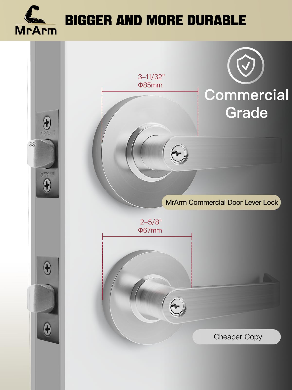 MrArm Commercial Door Lever Lock, Heavy-Duty Locking Door Handle, Designer Door Handles, Cylindrical Lever Lock, Non-Handed Grade 2 Industrial Standard Door Handle, Satin Chrome(Classroom)
