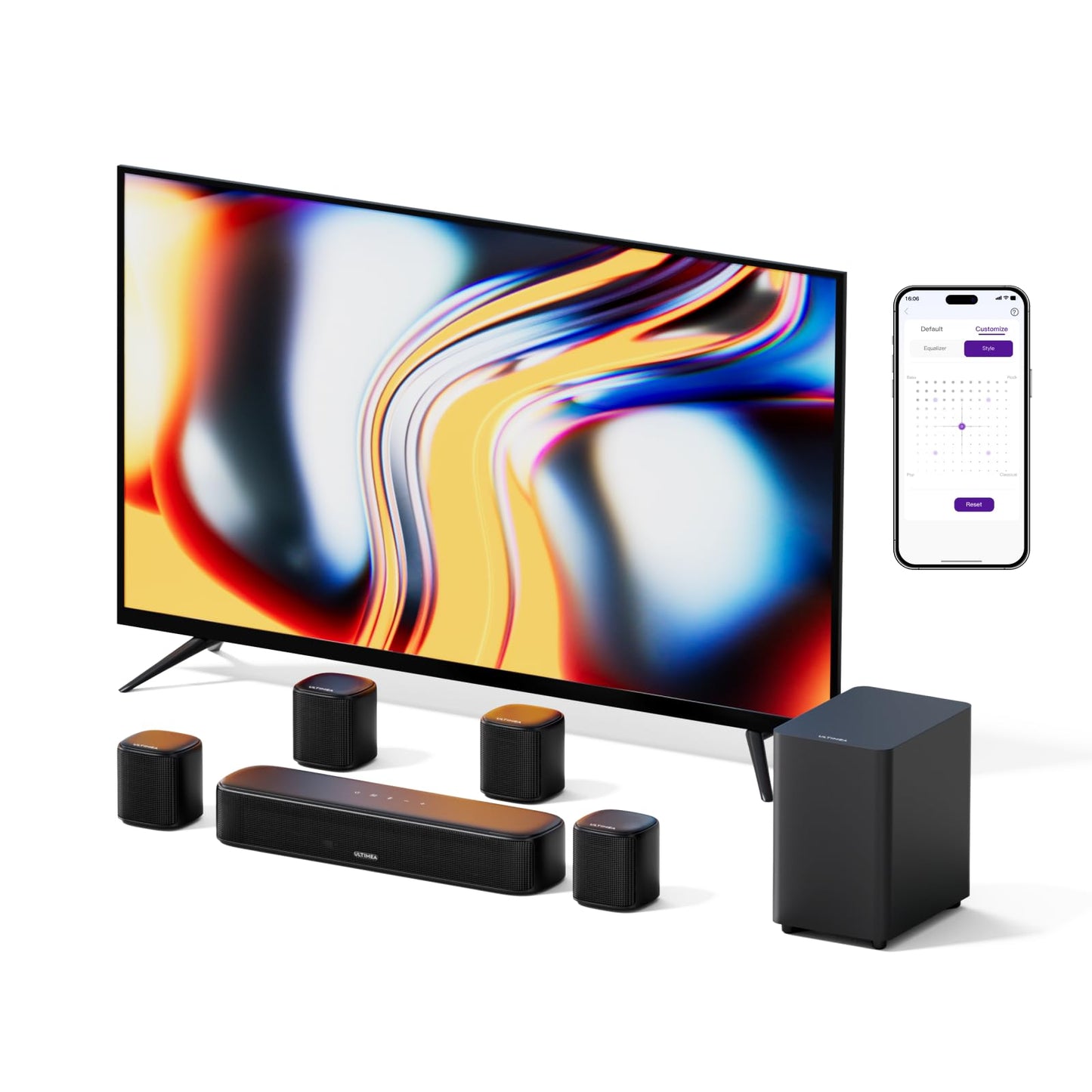 ULTIMEA 7.1ch Sound Bar with Subwoofer, Virtual Surround Sound System for TV, Sound Bar for Smart TV with 4 Surround Speakers, Peak Power 330W, TV Soundbar with App Control, Opt/AUX/BT, Aura A40