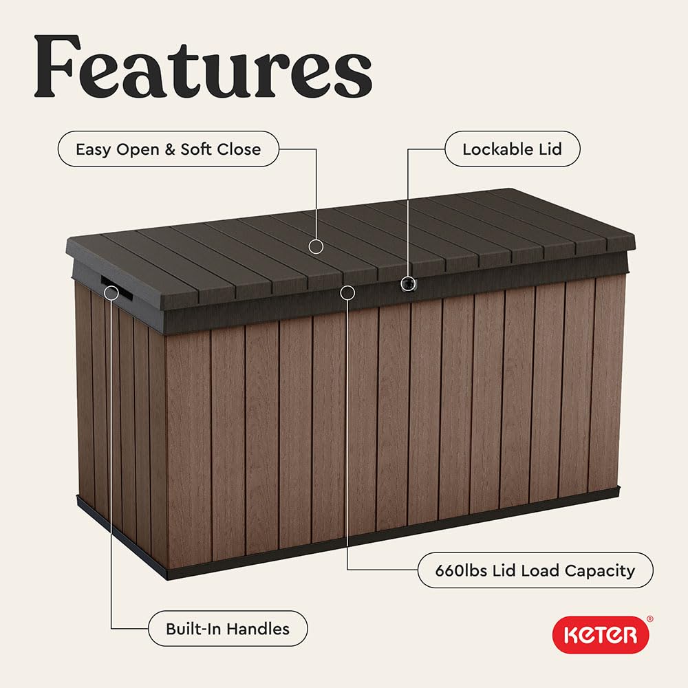 Keter Darwin 150 Gallon Resin Large Deck Box - Organization and Storage for Patio Furniture, Outdoor Cushions, Garden Tools and Pool Gear