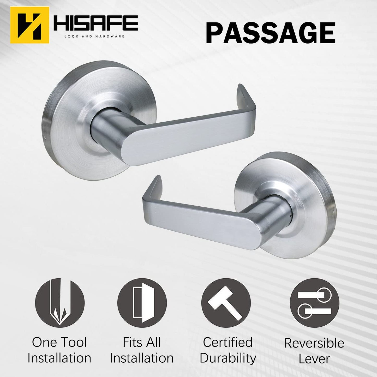 HISAFE Heavy Duty Commercial Passage Door Lever, Satin Chrome Finished Non-Locking Grade 2 Door Handle, UL 3 Hour Fire Rated Ergonomic Lever for School/Hotel Hallway, 70mm Latch