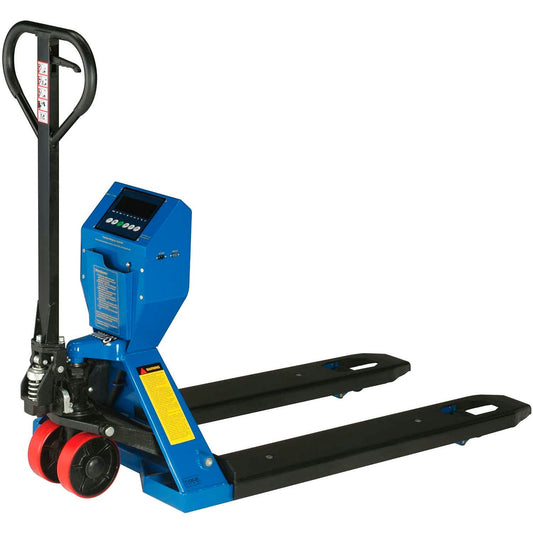Global Industrial Low Profile Pallet Jack Scale Truck with 27" W x 48" L Forks, 5000 Lb. Capacity, Manual Duty Truck for Warehouse, Manufacturing and Loading Docks
