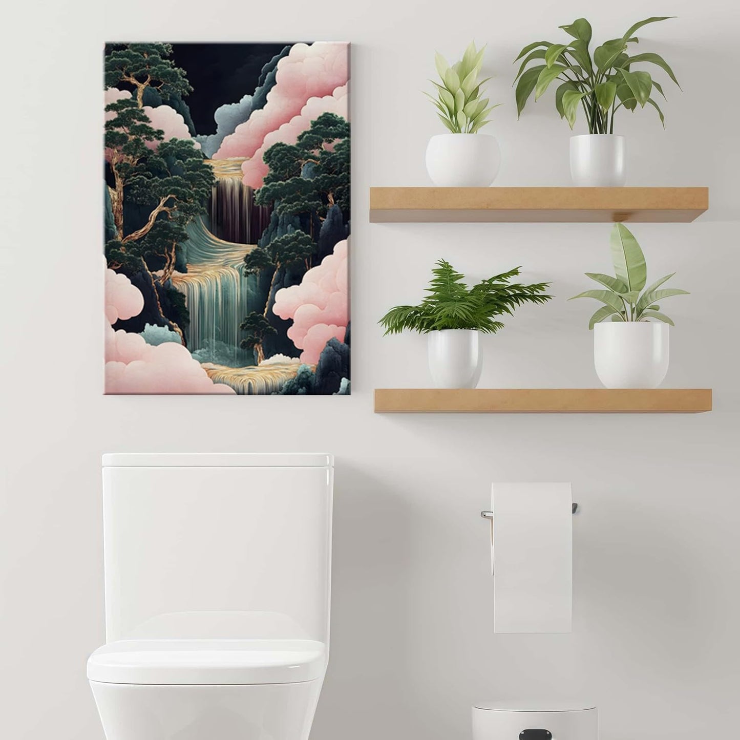 Framed Japanese Waterfall Landscape Picture Pink Clouds Wall Art Decor Canvas Print Nature Print Artwork Poster Gallery Bedroom Living Room Office 12x16 Inch Ready to Hang