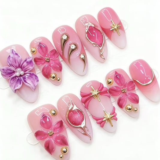 24Pcs Flower Press on Nails Medium Almond Fake Nails with Gold Beads Star Designs Full Cover Pink Acrylic Nails 3D Floral False Nail Set Pink Purple Floral Stick on Nails for Women Nail Supplies