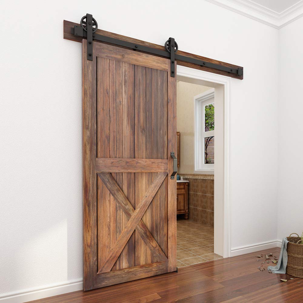 WINSOON 5-16FT Single Wood Sliding Barn Door Hardware Kit 8FT Basic Black Big Spoke Wheel Roller Garage Closet Carbon Steel Flat Track System (8FT)