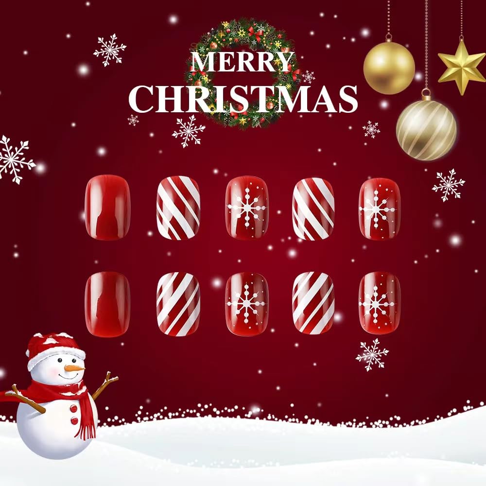 Christmas Press on Short Nails - Square Fake Nails with Snowflake Design - Red False Nails Press ons - for Women Winter Manicure 24 Pcs