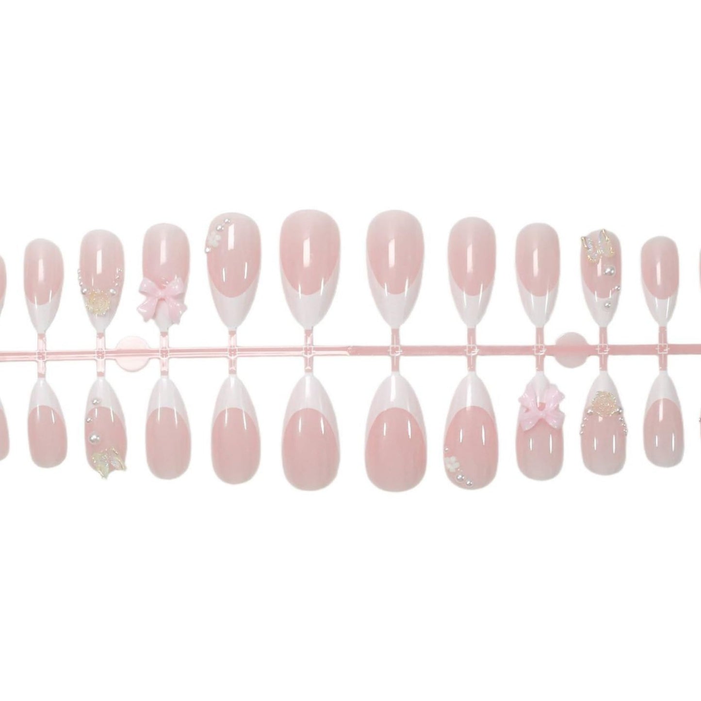 SEENEEY Almond Press on Nails Medium Fake Nails French Artificial Nail Pink Bow and Pearl Designs Cute Stick on Nail for Women 24pcs
