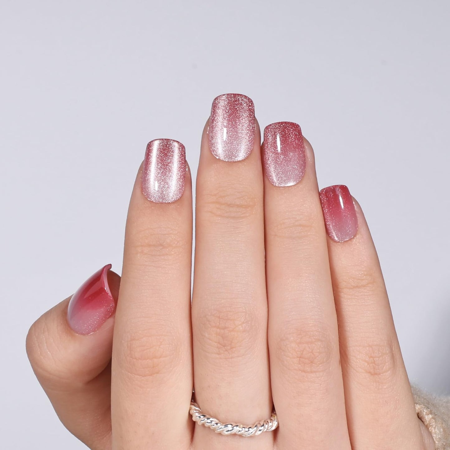 Pink Cat Eye Press On Nails - Short Square Ombre Press On Nails Press Ons for Women Pink Fake Nails with Glue, Glossy Reusable Glue on Nail in 15 Sizes - 30pcs