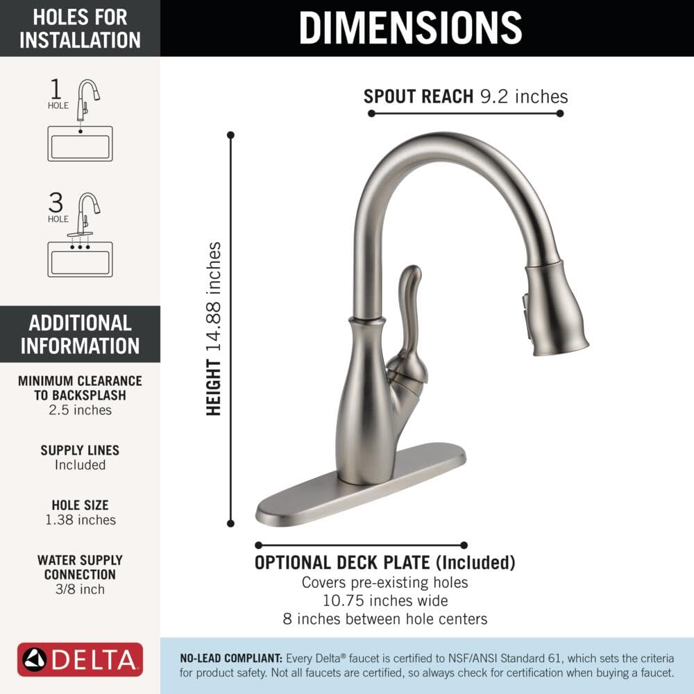 Delta Leland Brushed Nickel Kitchen Faucet with Pull Down Sprayer, Traditional Single Hole Kitchen Sink Faucet, Single Handle, SpotShield Stainless 9178-SP-DST