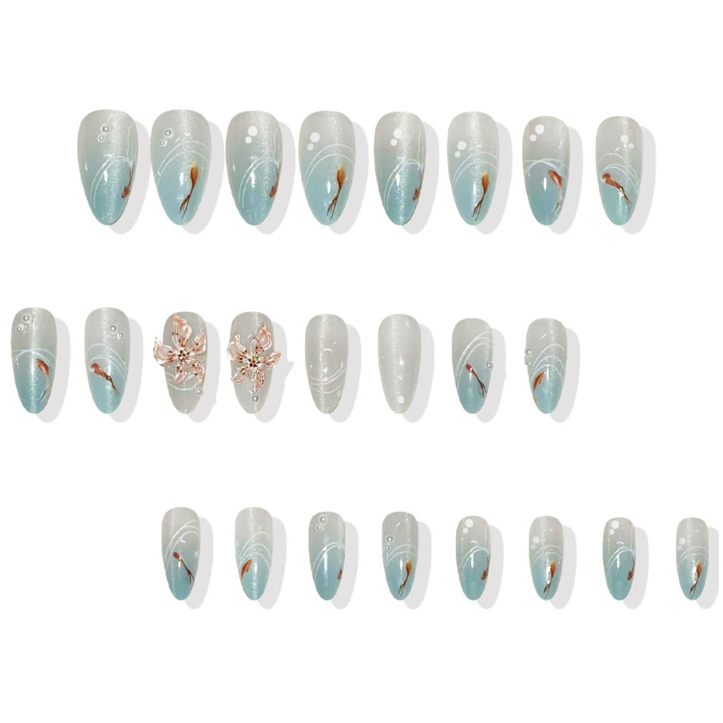 Hkanlre Almond Fake Nails Tips Medium Blue Press on Nails Fish Full Cover False Summer Gradient Nails for Women 24PCS