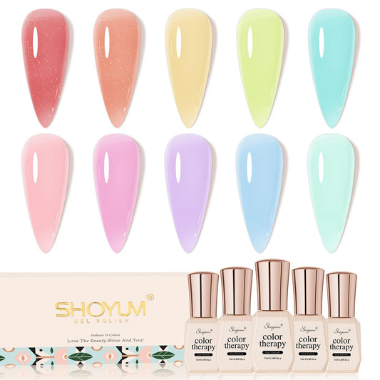 SHOYUM Jelly-Pastel Gel Nail Polish Set - 10 Pcs Pink Nude Gel Polish Set with Summer Yellow Blue Colors - DIY Soak Off Nail Lamp - Easter Decoration Gifts for Women - Manicure Kit