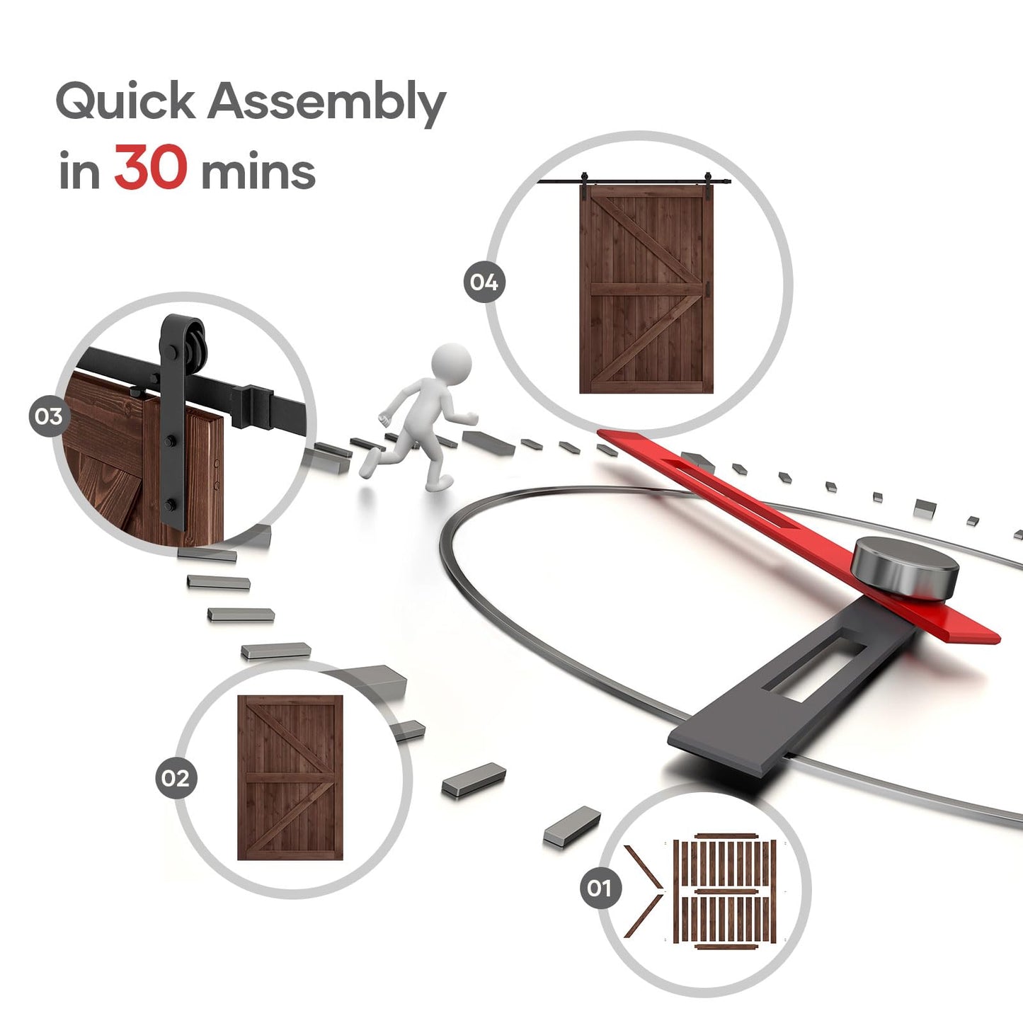 ROYMELO 54x96 inch Sliding Barn Wood Door Slab with 9ft Hardware Kit and Handle, Coffee, K Shape, Simple DIY Assembly