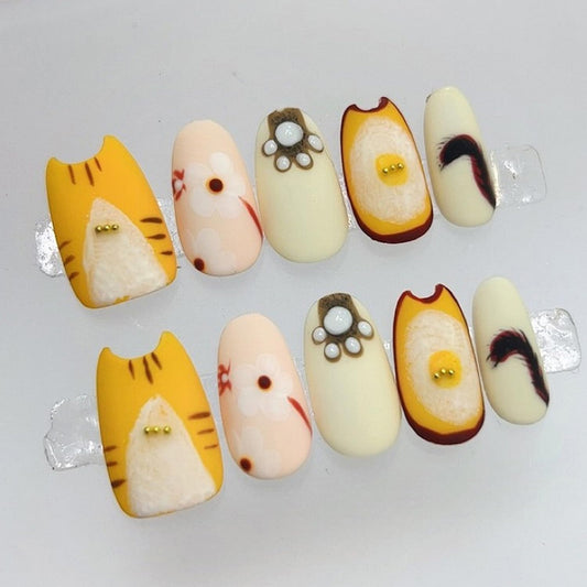 Cat Press on Nails Medium Almond Handmade 3D Thick Acrylic Nails Cute False Nails with Unique Cat Shape Paw Pads Floral Designs Funny Matte Fake Nail Yellow Sturdy Art Press on Nail 10Pcs(M)