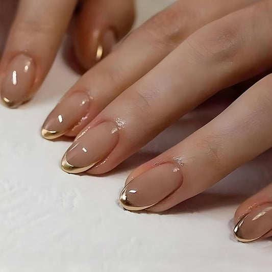KTAABTR Gold French Tip Press on Nails Nude Fake Nails with Glue Short Almond Shaped Acrylic Nails Stick on Nails for Women Girls DIY Manicure 24Pcs Glossy False Nails Decoration Set