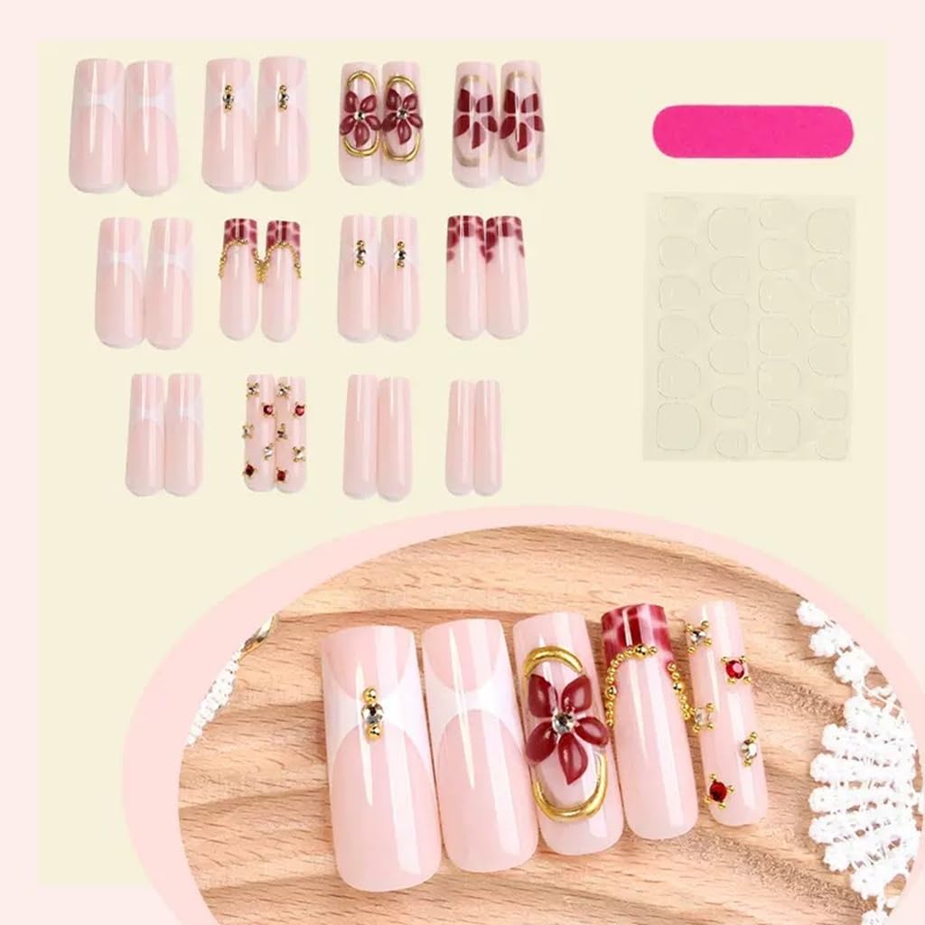 Long Coffin Press on Nails - Flower Fake Nails with Gold Line Design - Rhinestone, Elegant Full Cover Stick on False Nails for Women 24 Pcs
