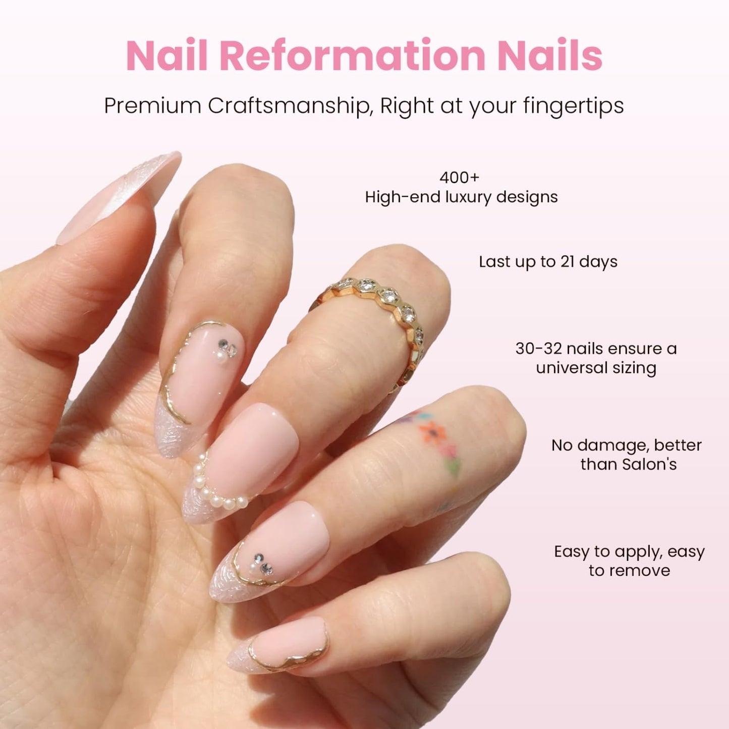Nail Reformation Press On Nails, French Tip Nude Medium Almond Fake Nails with Pearl & Sparkling Gems in Glossy Finish, Salon Quality, Reusable Stick On Nails in 15 Sizes - 30 Nail Kit for Women Gifts
