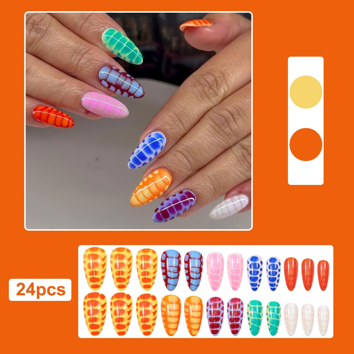 plalely Long Press on Nails Almond, Acrylic Press on Nails with Flower Designs, Long Almond Nail Tips for Women 24pcs