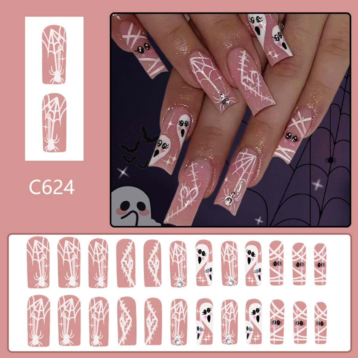 24Pcs Halloween Press on Nails Long Square Fake Nails Spider and Spider Web Ghost Design Stick on Nails Rhinestone False Nails Bling Artificial Full Cover Acrylic Glue on Nail for Women Girl Manicure