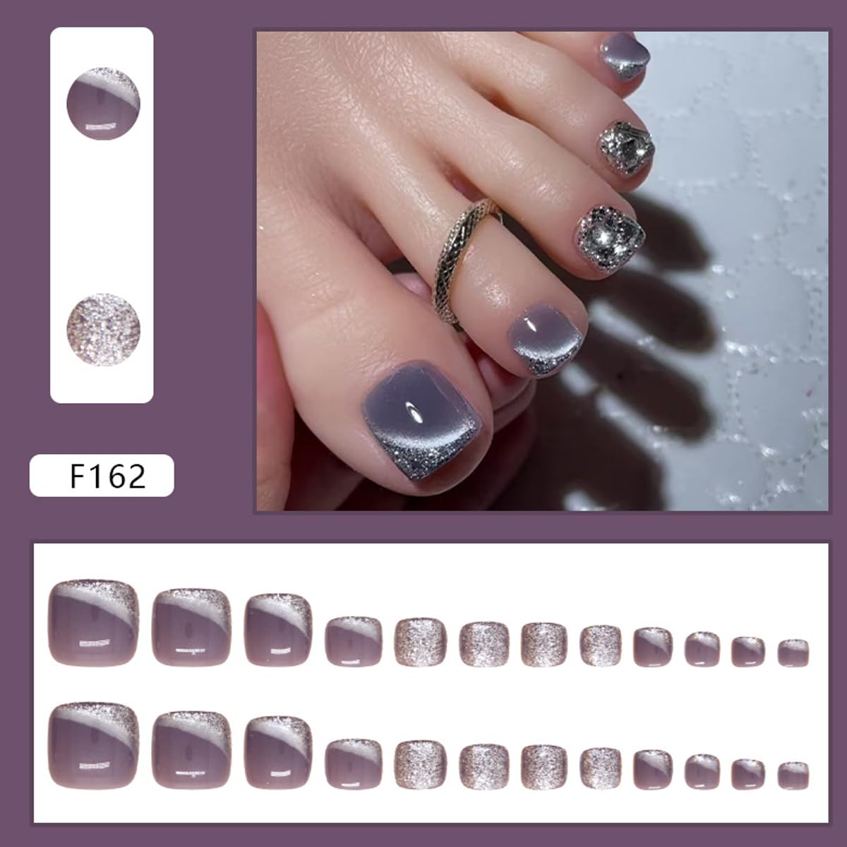 AkiliBIELY Pastel Purple Cat Eye Press on Toenails for Women Silver French Tip Toe Nail Press ons Glitter Aesthetic Toe Press on Nails Acrylic Full Cover Toe Toe Nails Press on for Wedding Birthday