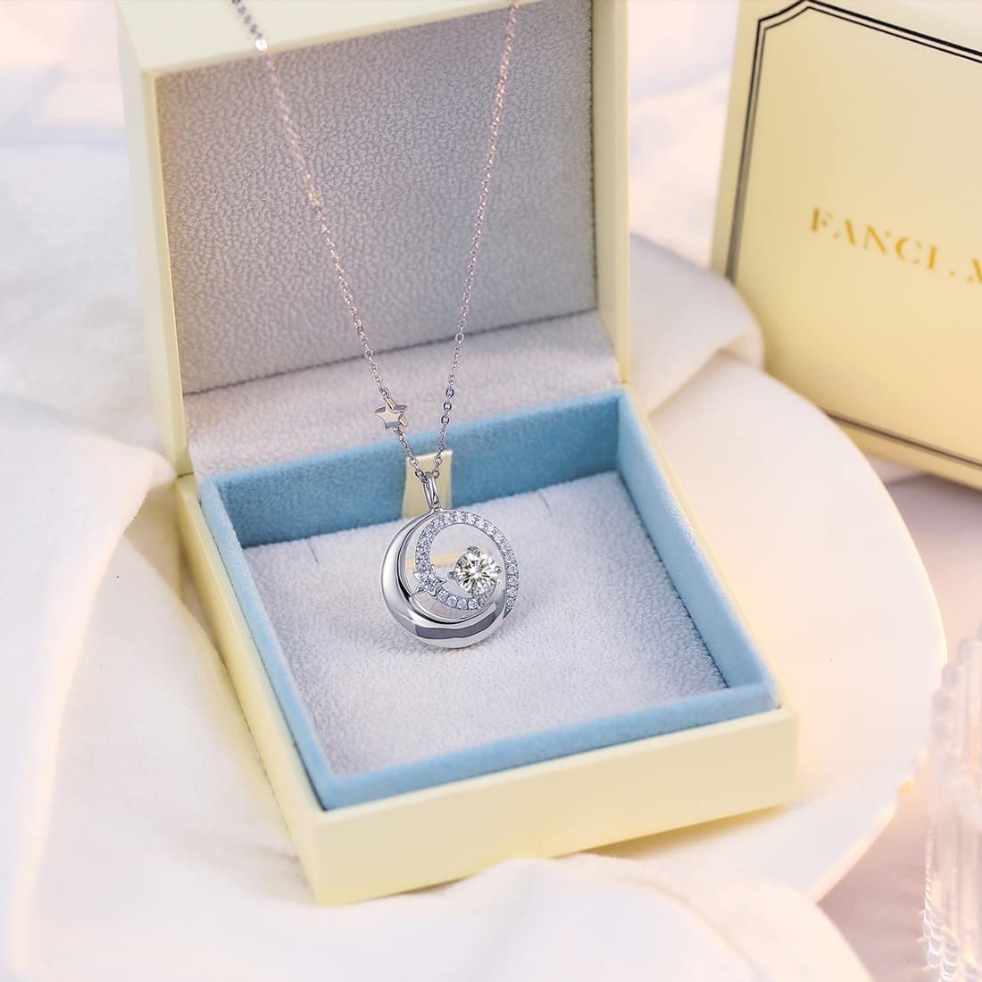 FANCIME April Birthstone Necklace for Women 925 Sterling Silver Moon Star Pendant Simulated Diamond Cubic Zirconia CZ Jewelry Anniversary Birthday Mothers Day Gifts for Mom Women Daughter, 16"+2"