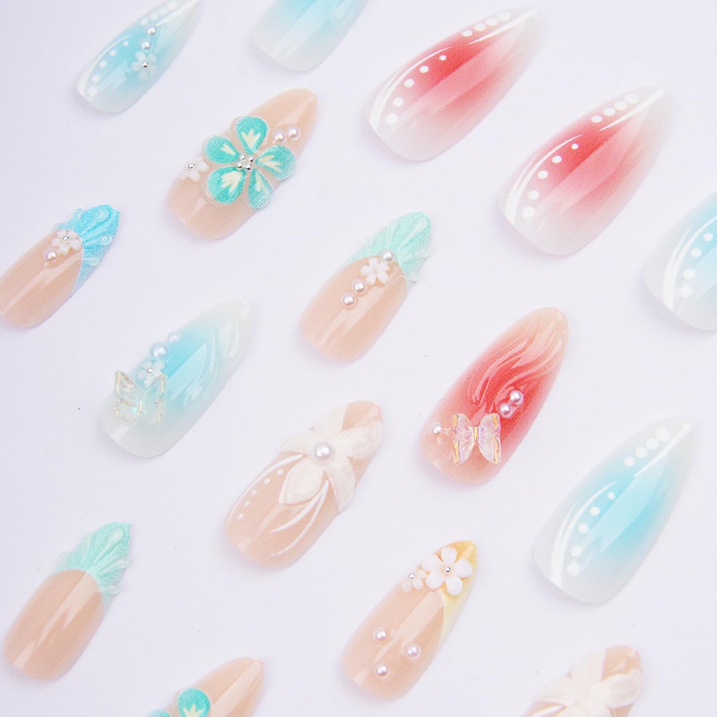 Blue Beach Press on Nails with Charms Medium Almond Fake Nails Shell Starfish Fake Nails French Nails Press ons Cute Flower Stick on Nails Short Acrylic Pearl Nails Rhinestones Nails for Daily Wear