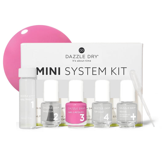 Dazzle Dry Mini Kit 4 Step System - Cherry Parfait, a medium bright pink with raspberry undertones. Full coverage, cream. (5 Piece Kit / 5 Manicures)