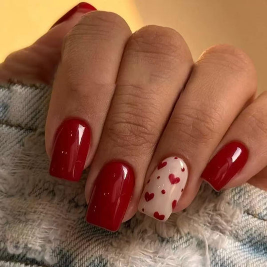Red Press on Nails Square Medium Fake Nails with Heart Design Valentine's Day False Nails for Women 24 Pcs