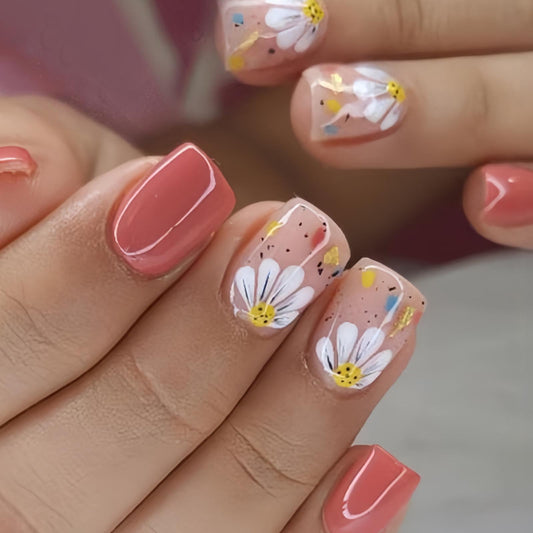 Flower Press on Nails Short Square Fake Nails with Floral Designs Spring Nails Press ons Glossy Glue on Nails Light Red Acrylic Nails Summer Stick on Nails for Women 24 Pcs