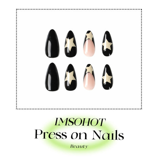 IMSOHOT Medium Almond Press on Nails French Black Fake Nails Stiletto Star False Nails with Designs Y2K Glossy Full Cover Acrylic Glue on Nails for Women 24PCS