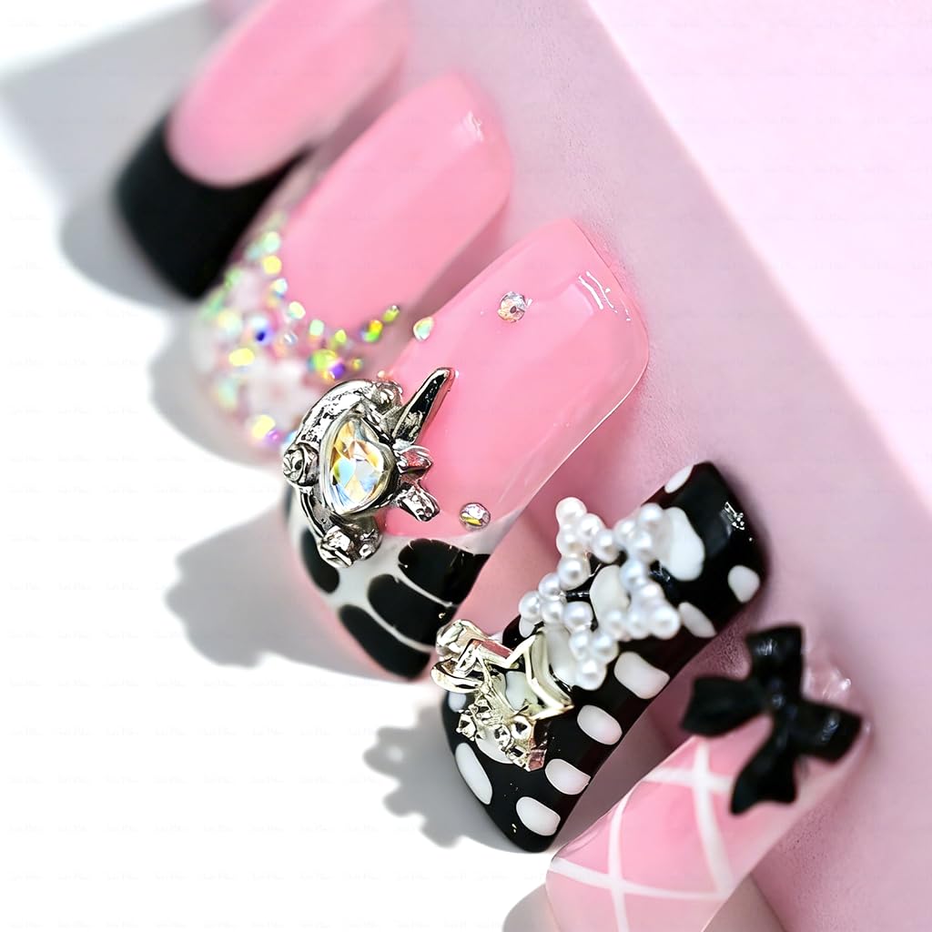 IntoVibes 10 Pieces Luxury Acrylic Press On Nails Long Handmade Duck Nails, Black Thickened False French Nails, With 3D Bowknot And Stars, Reusable Fake Nails, Acrylic Nails (M)