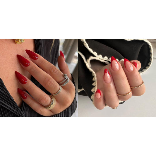 KQueenest Red Press on Nails Medium Almond&Red French Press on Nails Medium Almond For Beach Party Daily Decoration in 48 PCS
