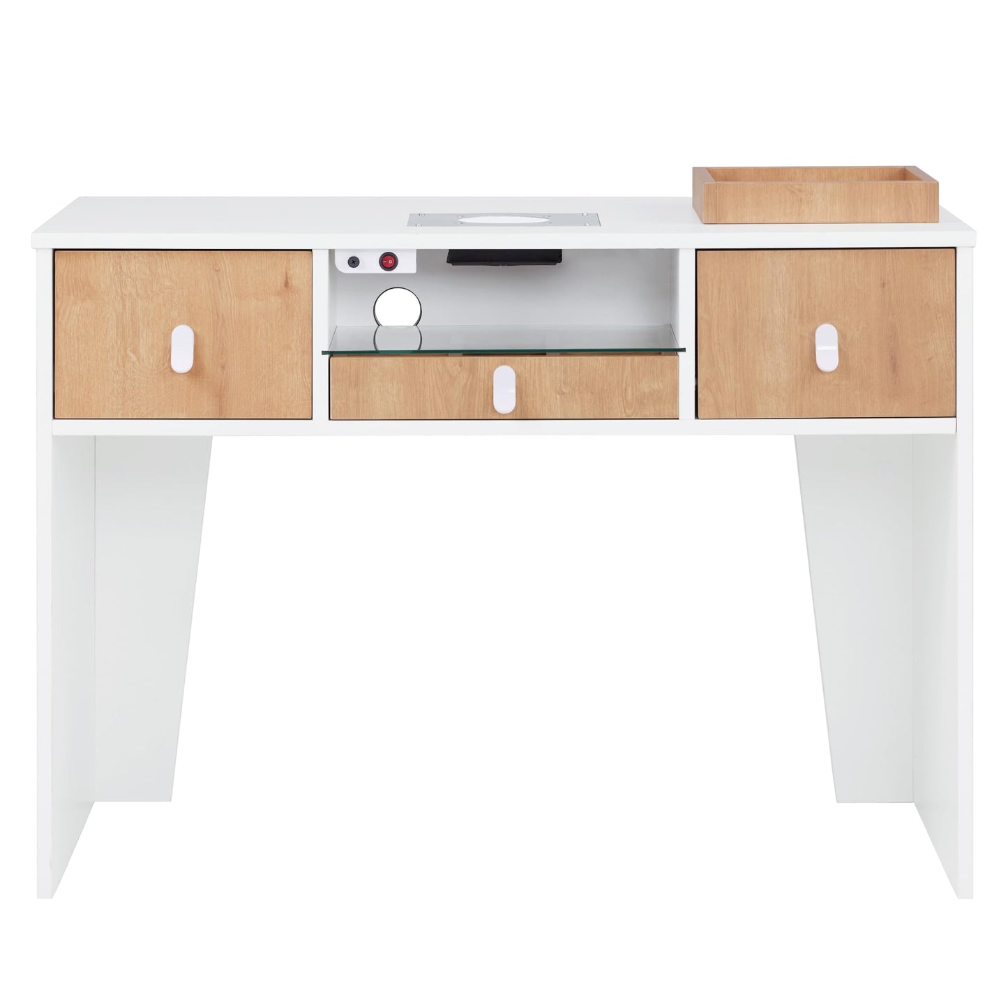 BarberPub Manicure Table with Electric Dust Collector & 2 Dust Bags, Beauty Nail Art Desk with Built-in Socket, Salon Nail Supplies Storage Workstation with Nail Vacuum Cleaner VC232 (White&Teak)