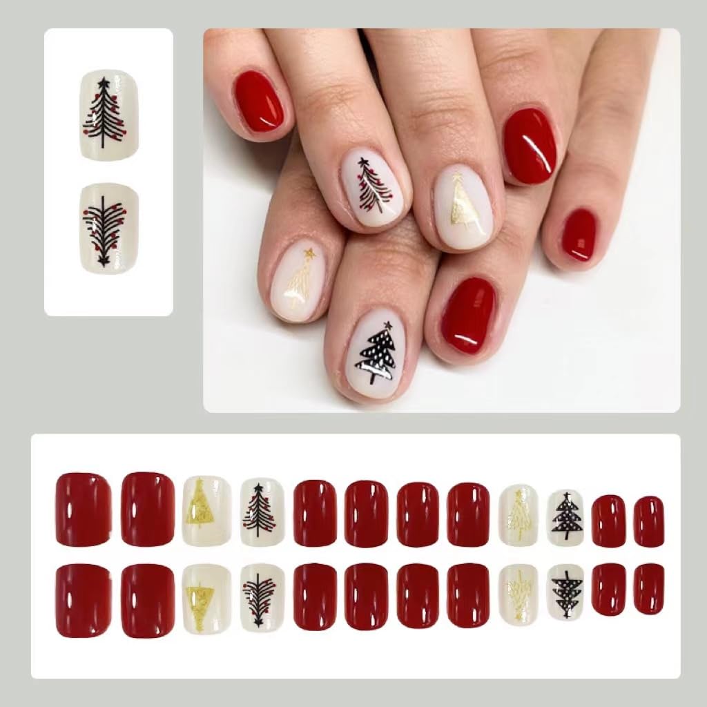 Christmas Press on Nails Short - Square Fake Nails with Xmas Tree Design - Red Full Cover Stick on False Nails - for Women 24 Pcs