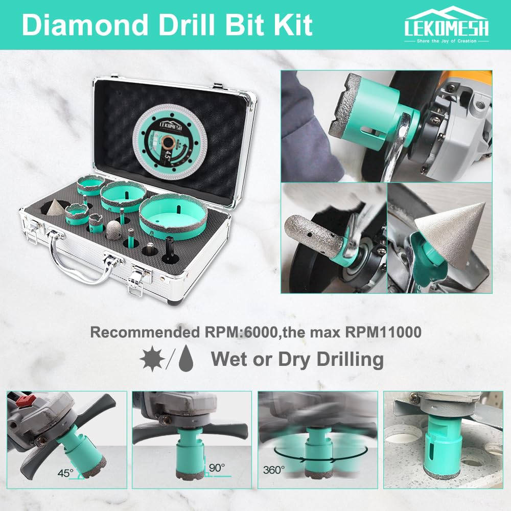 LEKOMESH Tile Hole Saw Kit - (6/6/8/20/35/50/75/100mm+20mm Finger Bit+50mm Chamfer Bit+SDS/HEX Adapter) and 4.5 Inch Diamond Saw Blade Cutting Disc Wheel