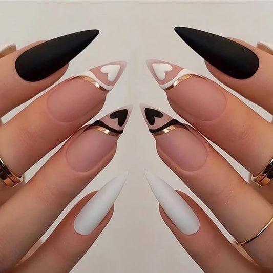 Black White Heart Press on Nails Almond, Medium Length Fake Nails French Love Design Valentine's Day Nails Full Cover False Nail Acrylic Nails with Nail Glue for Women and Girls 24 Pcs
