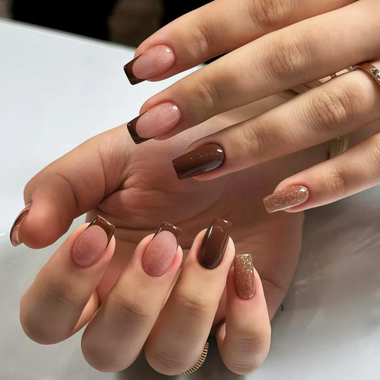 IMSOHOT Brown Press on Nails Short Square Fake Nails Golden Glitter False Nails Glossy Sparkly Autumn Acrylic French Tips Full Cover Glue on Nails for Women Manicure