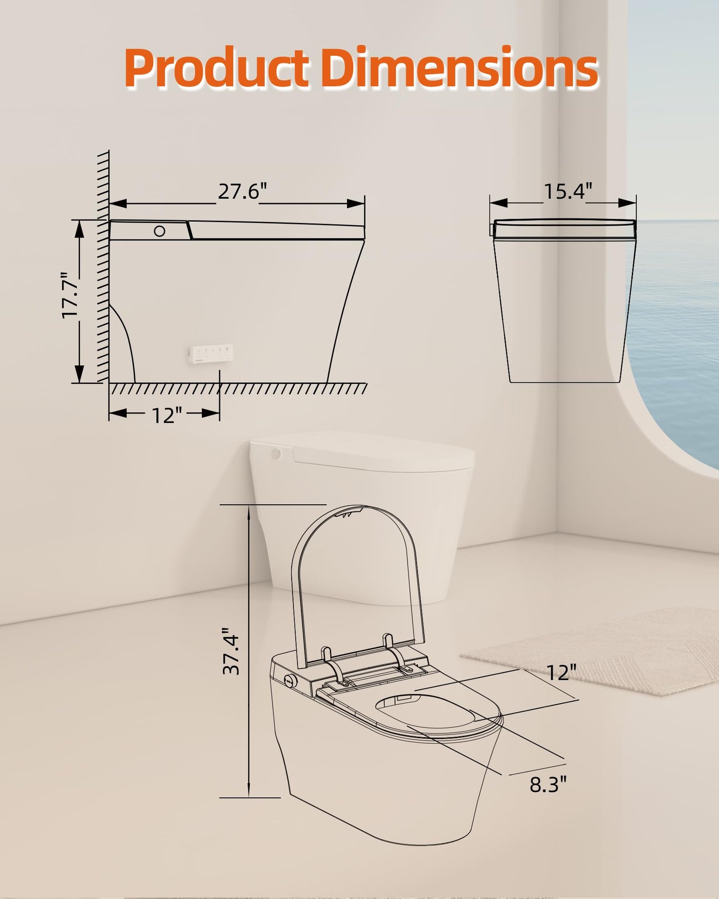 Luoware Smart Toilet with Bidet Built in, Luxury One Piece Elongated Bidet Toilet with Auto Close & Flush, Foot Sensor to Open/Close/Flush, Heated Seat, Massage Wash, Night Light, Remote Control