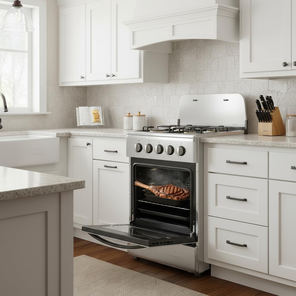 20" Free Standing Gas Stove Oven Range,4 Burner LPG Cooktop with 65L Oven, 201 Stainless Steel Body, Double Layer Mirror Surface Tempered Glass Door, Compact Design for Kitchen (NG-LPG Conversion Kit)